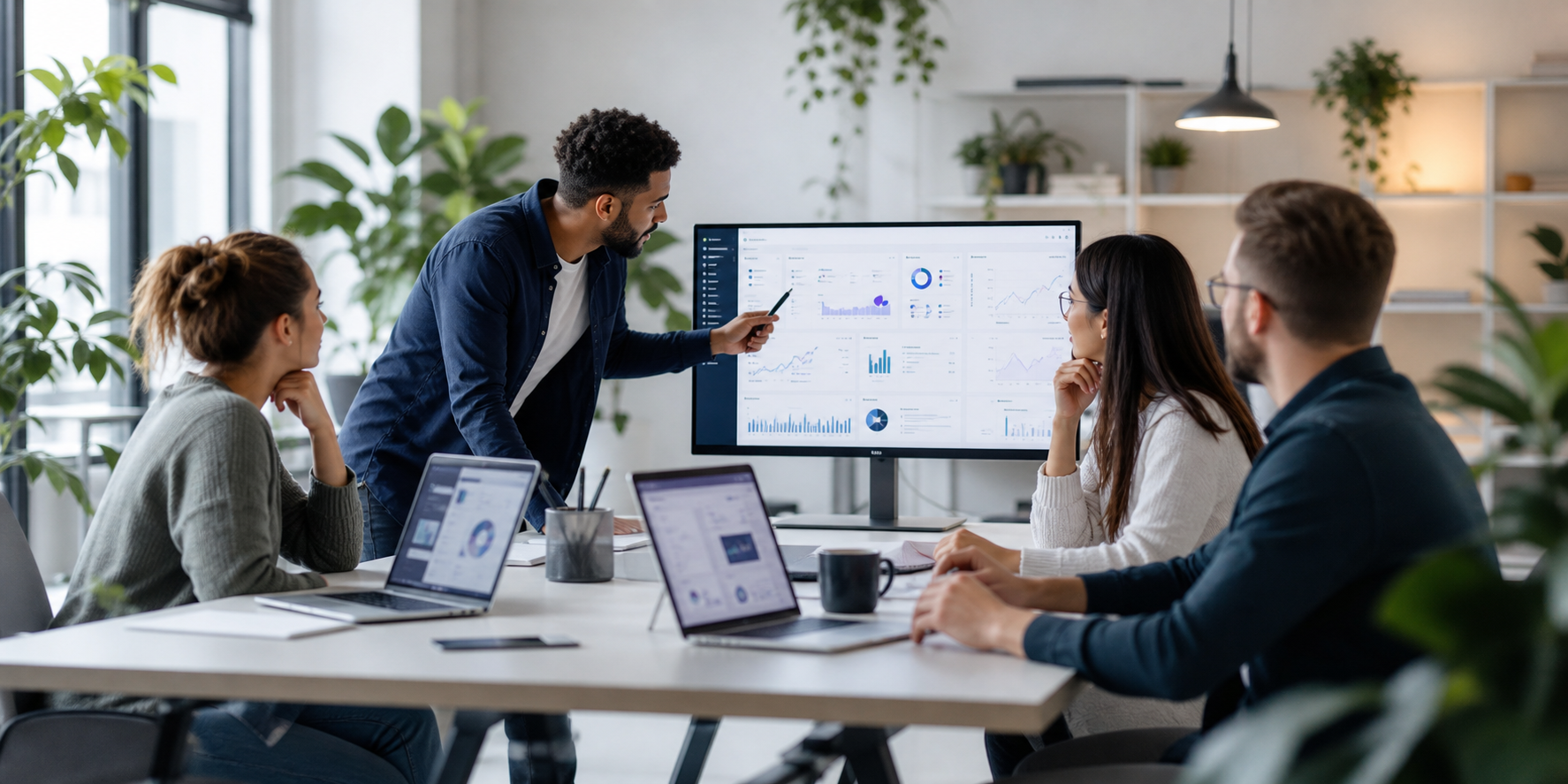 Software development team collaborating on a product dashboard