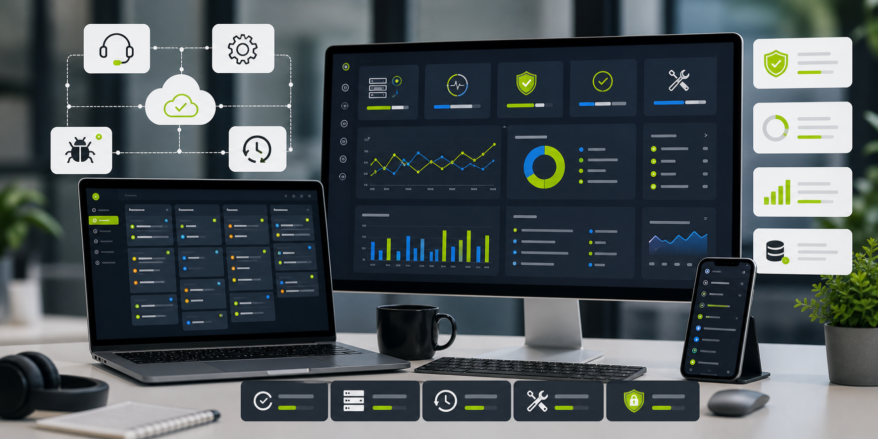 Software maintenance support monitoring bug tracking security updates and performance dashboard